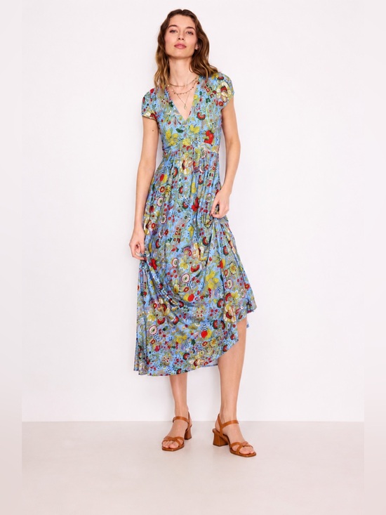 Boden Dresses & Skirts - Boden Bias Cut Jersey Midi Dress Blue Lemon Strawberry Multi Citrus Vine 6P